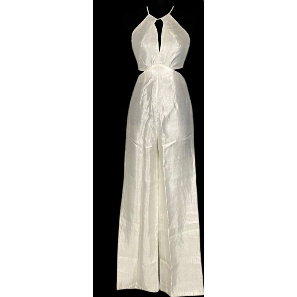 L'ATISTE Women Satin Cutout Sides Wide Leg Jumpsuit Sz S White Summer Chic 10-21